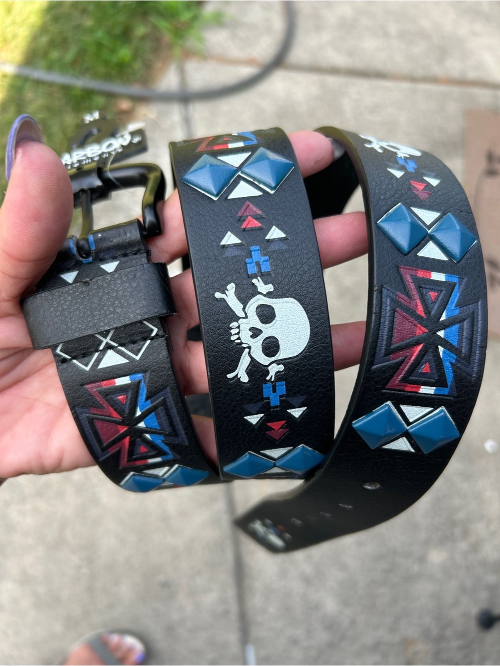 Carbon Black Studded Leather Belt with Blue and Red Accents